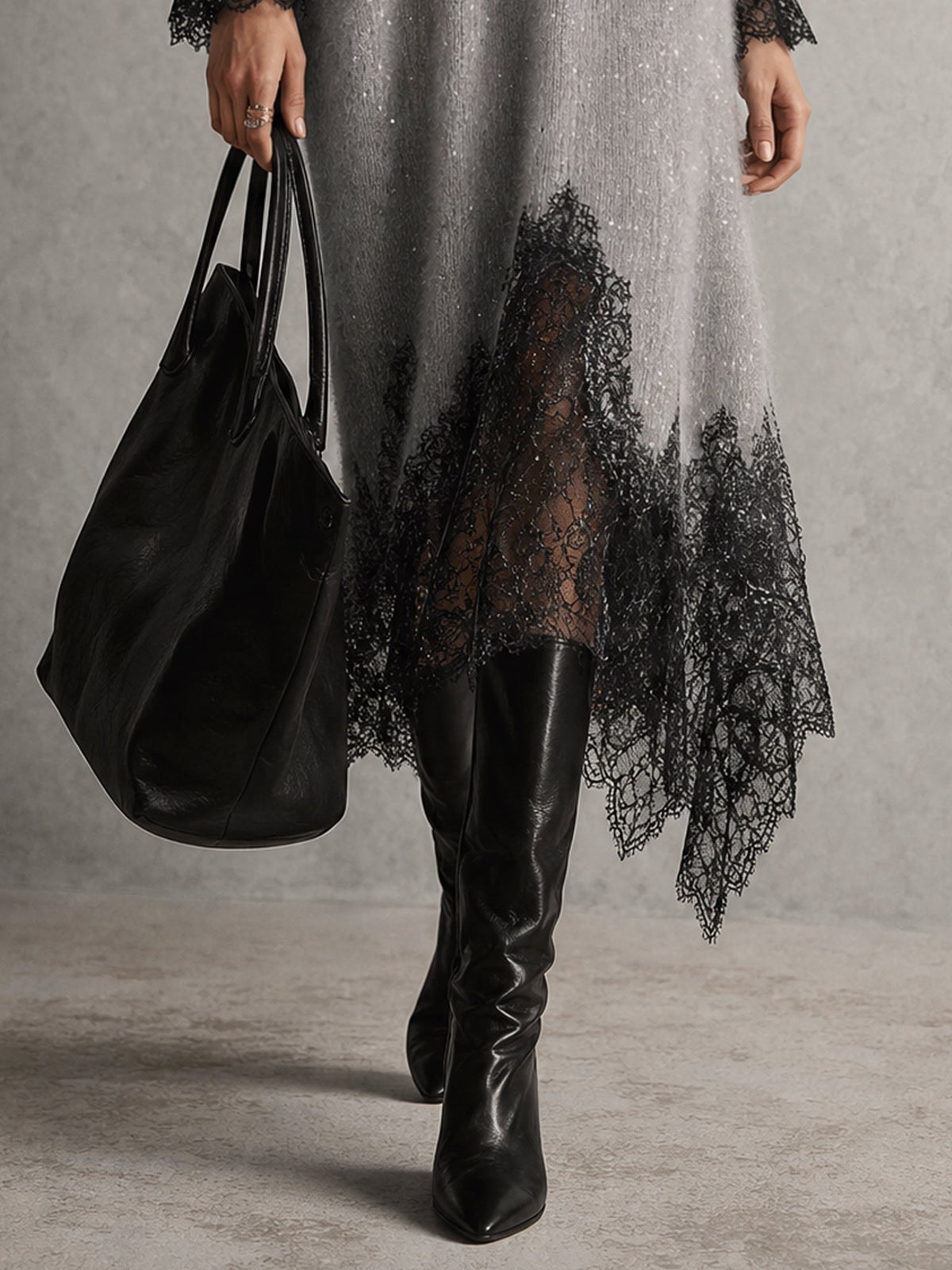 Grazia | Grey Midi Knit Dress with Lace Hem