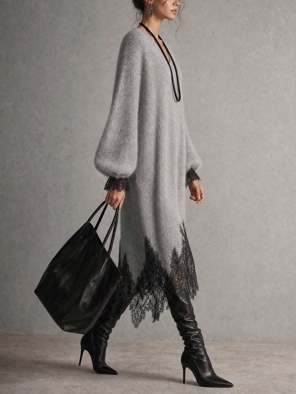 Grazia | Grey Midi Knit Dress with Lace Hem