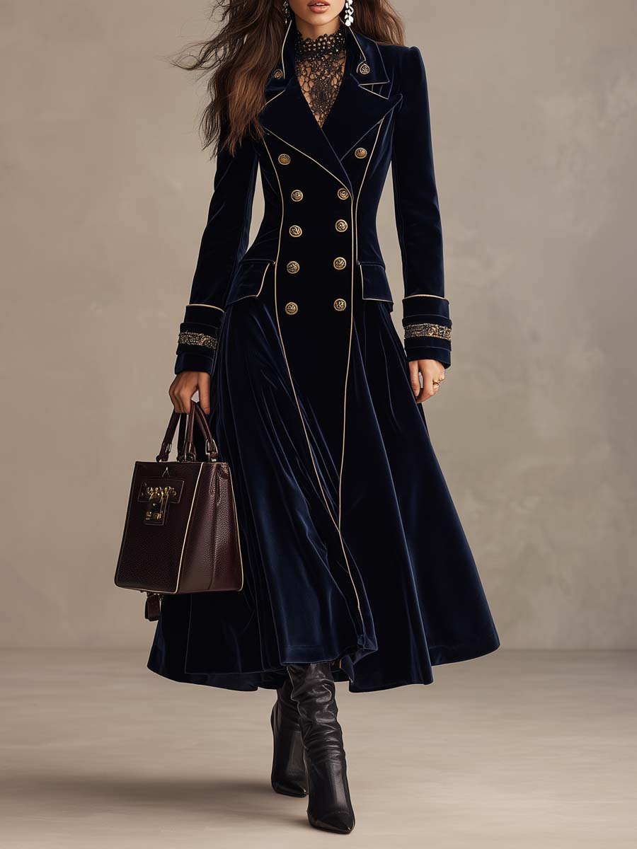 Cordelia | Long Velvet Double-Breasted Coat with Golden Trimmings, Navy Blue