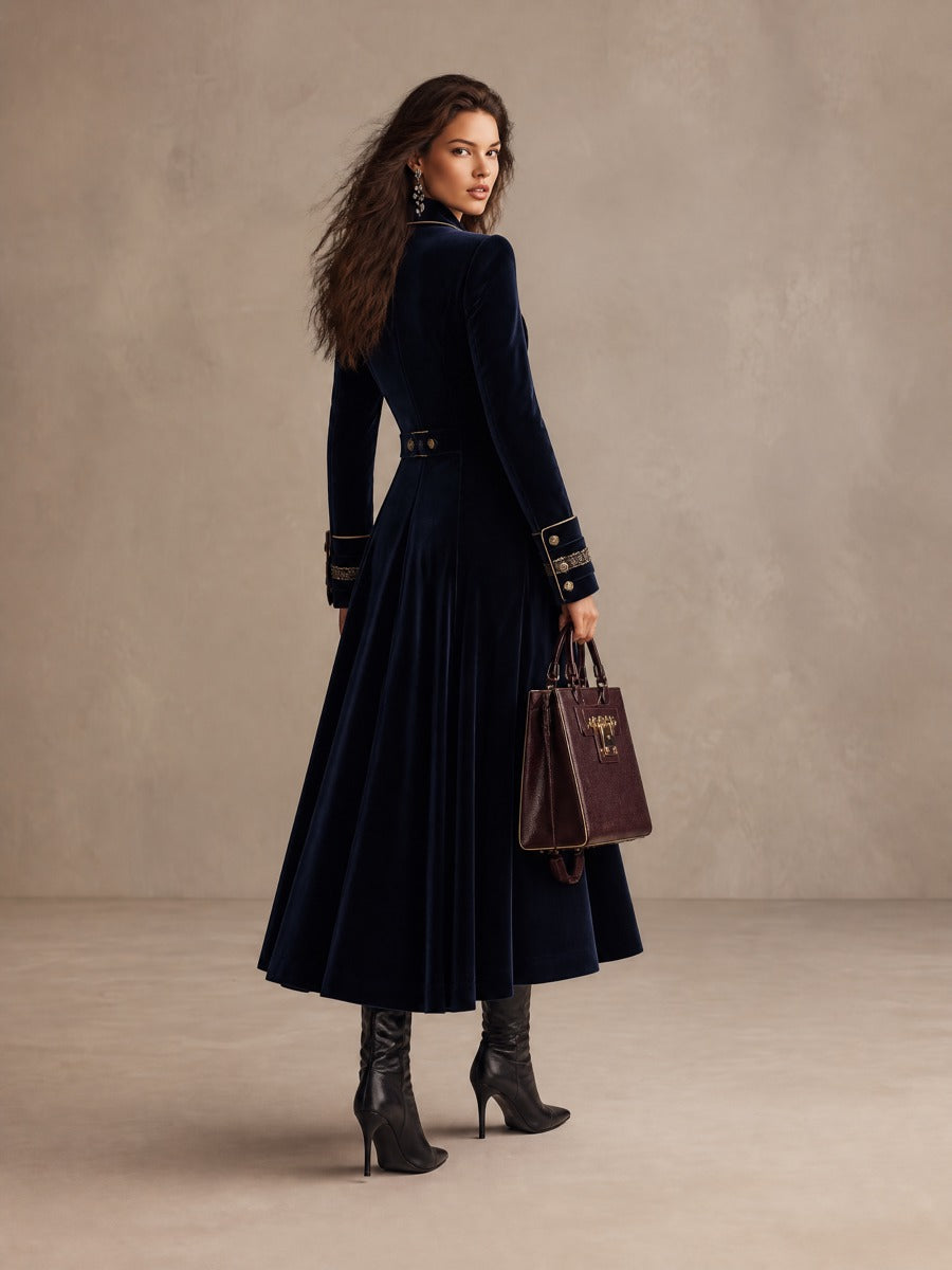 Cordelia | Long Velvet Double-Breasted Coat with Golden Trimmings, Navy Blue
