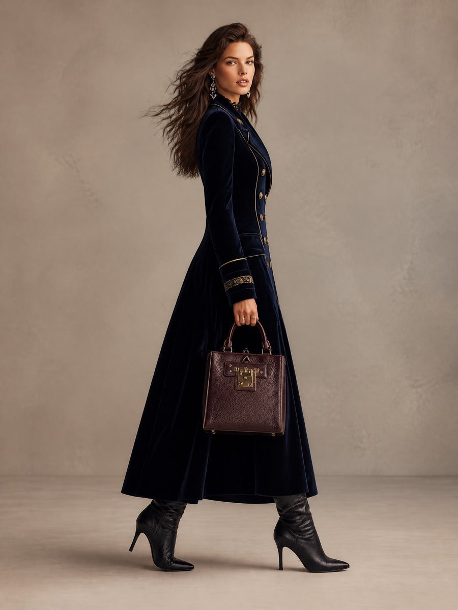 Cordelia | Long Velvet Double-Breasted Coat with Golden Trimmings, Navy Blue