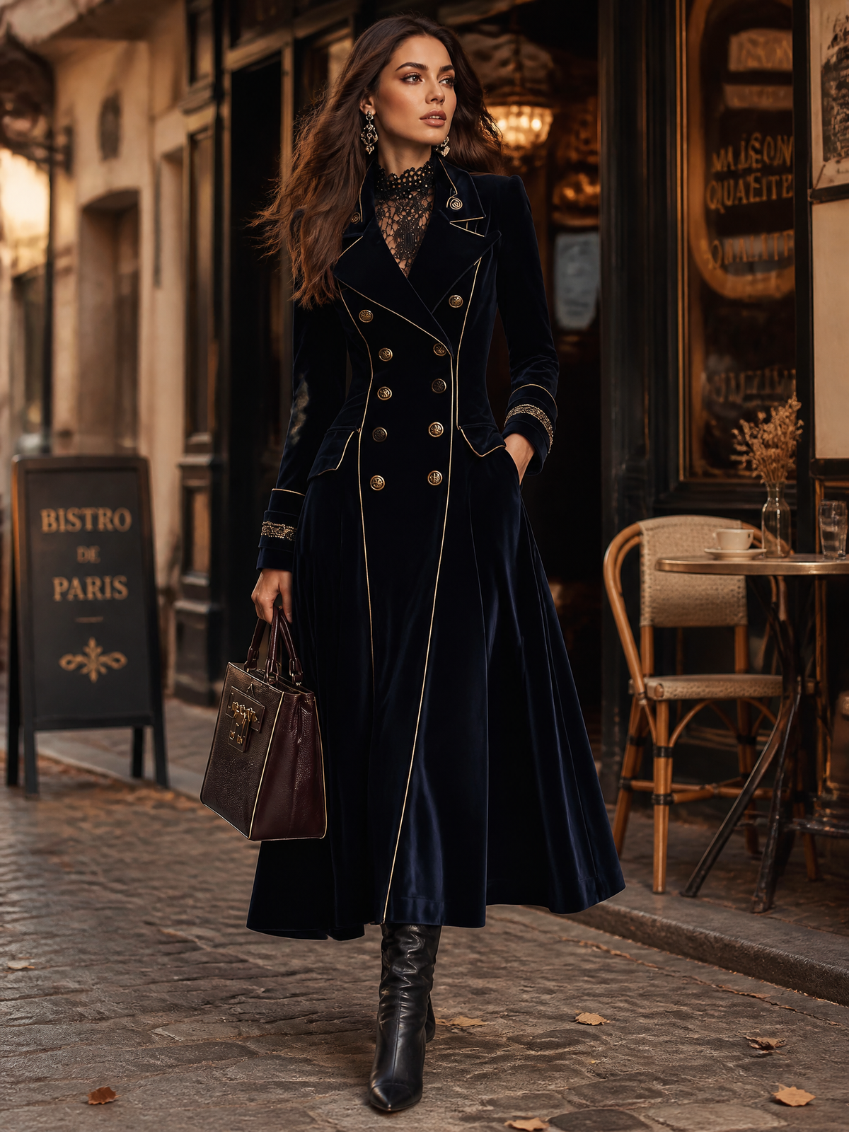 Cordelia | Long Velvet Double-Breasted Coat with Golden Trimmings, Navy Blue