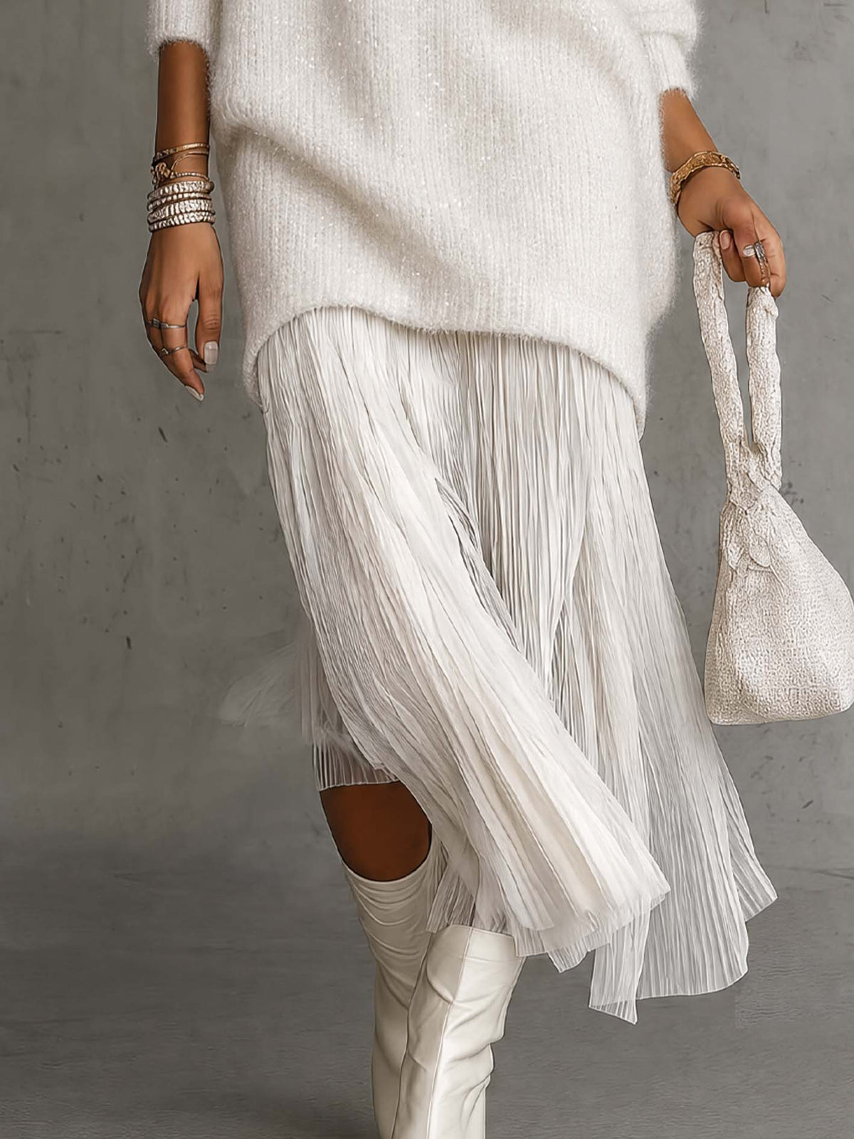 White Shimmer Fuzzy Knit Sweater Dress With Pleated Chiffon Patchwork Hem
