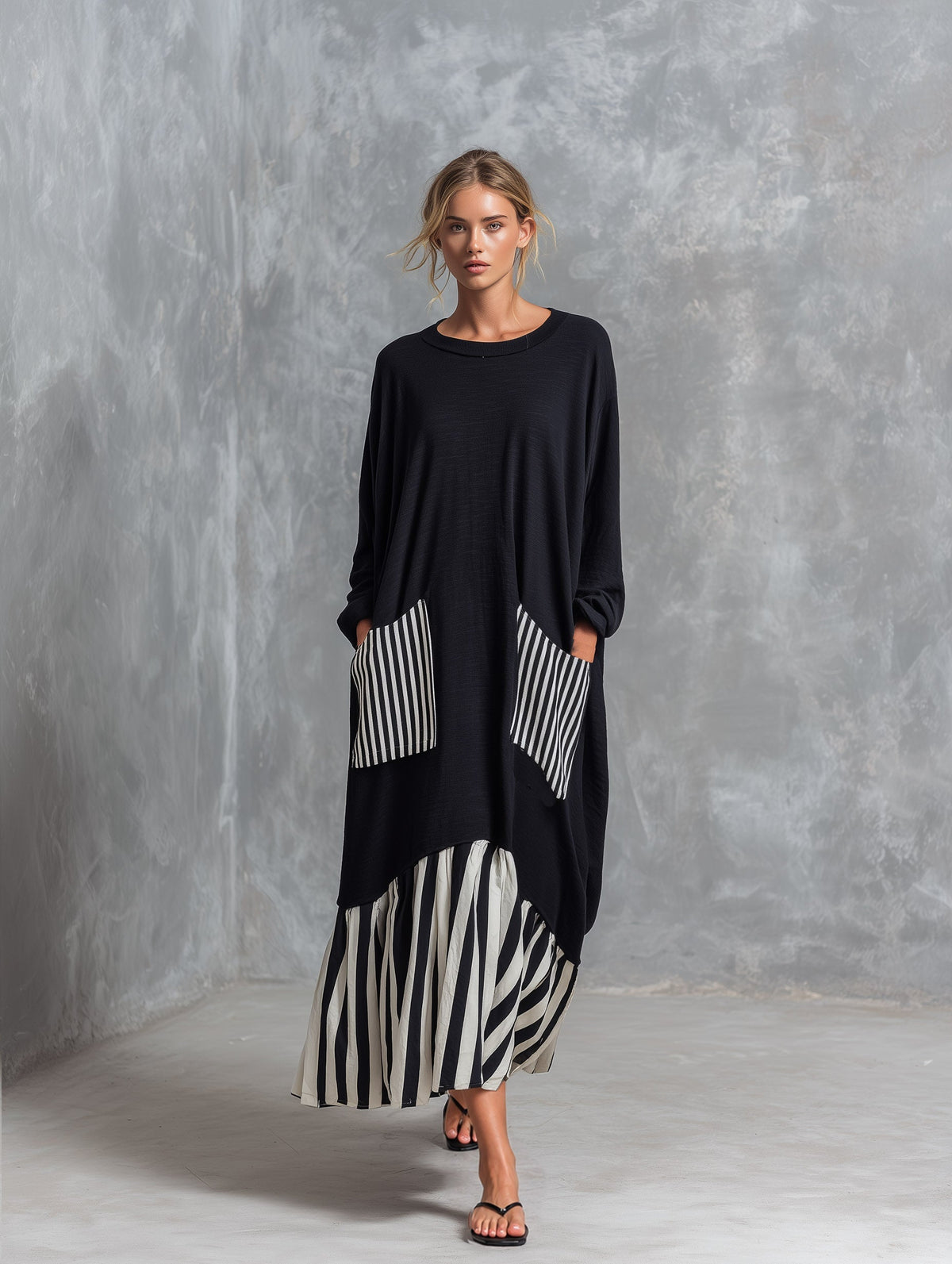 Stefania | Oversized Black Cotton Long Dress with Patchwork Stripes