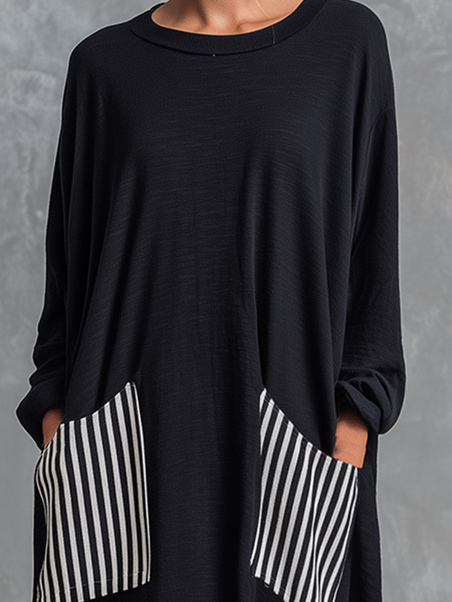 Stefania | Oversized Black Cotton Long Dress with Patchwork Stripes