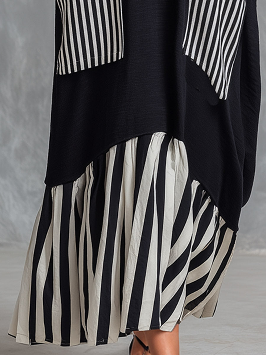 Stefania | Oversized Black Cotton Long Dress with Patchwork Stripes