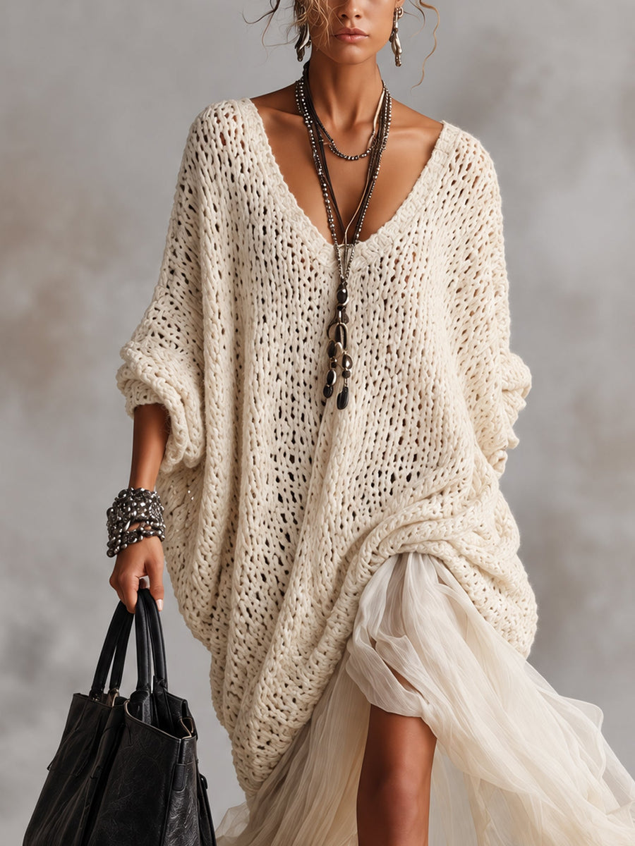 Cream Oversized Chunky Knit V-Neck Maxi Dress With Chiffon Hem