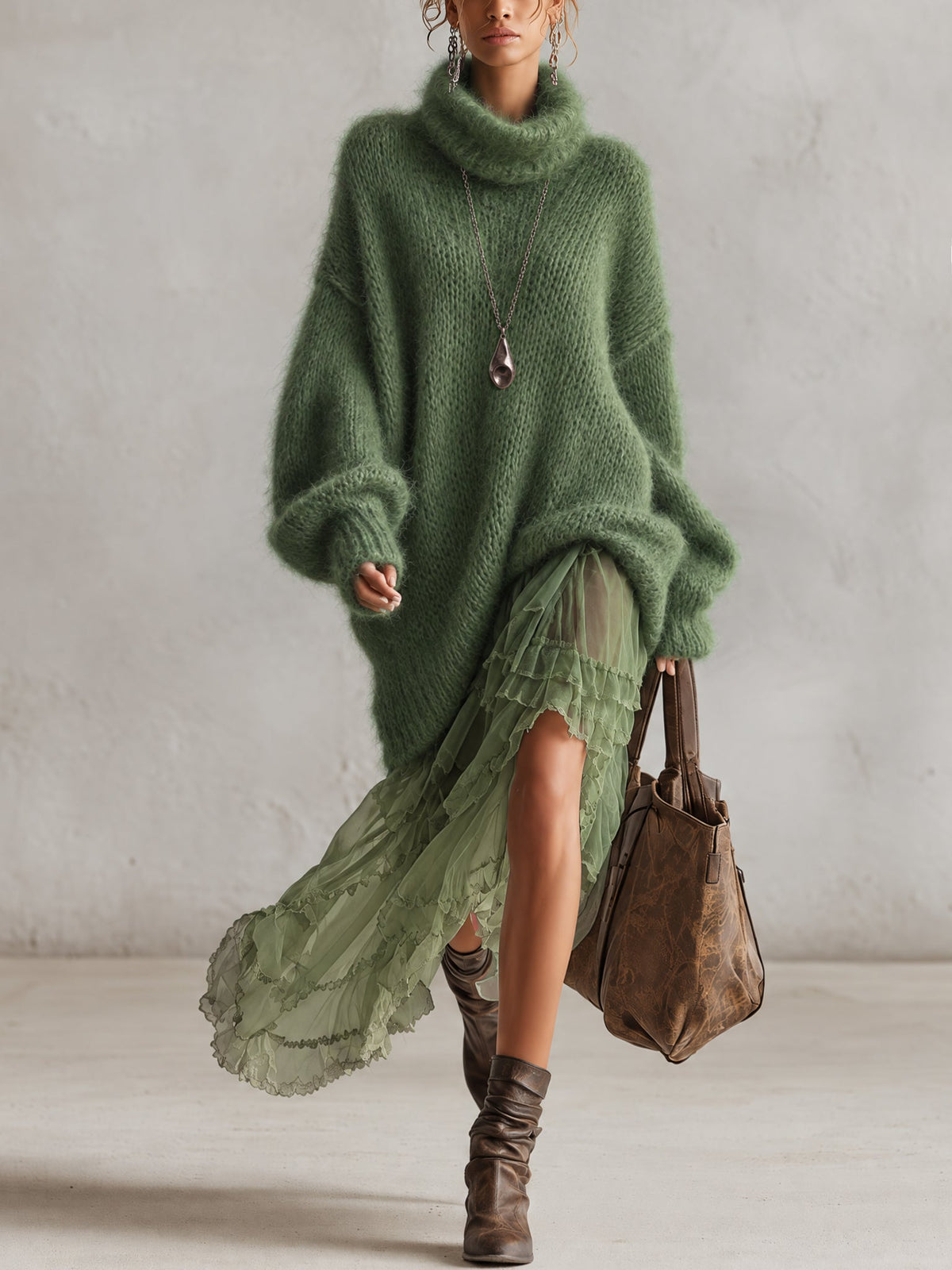 Green Oversized Mohair Knit Turtleneck Midi Dress With Chiffon Ruffle Hem