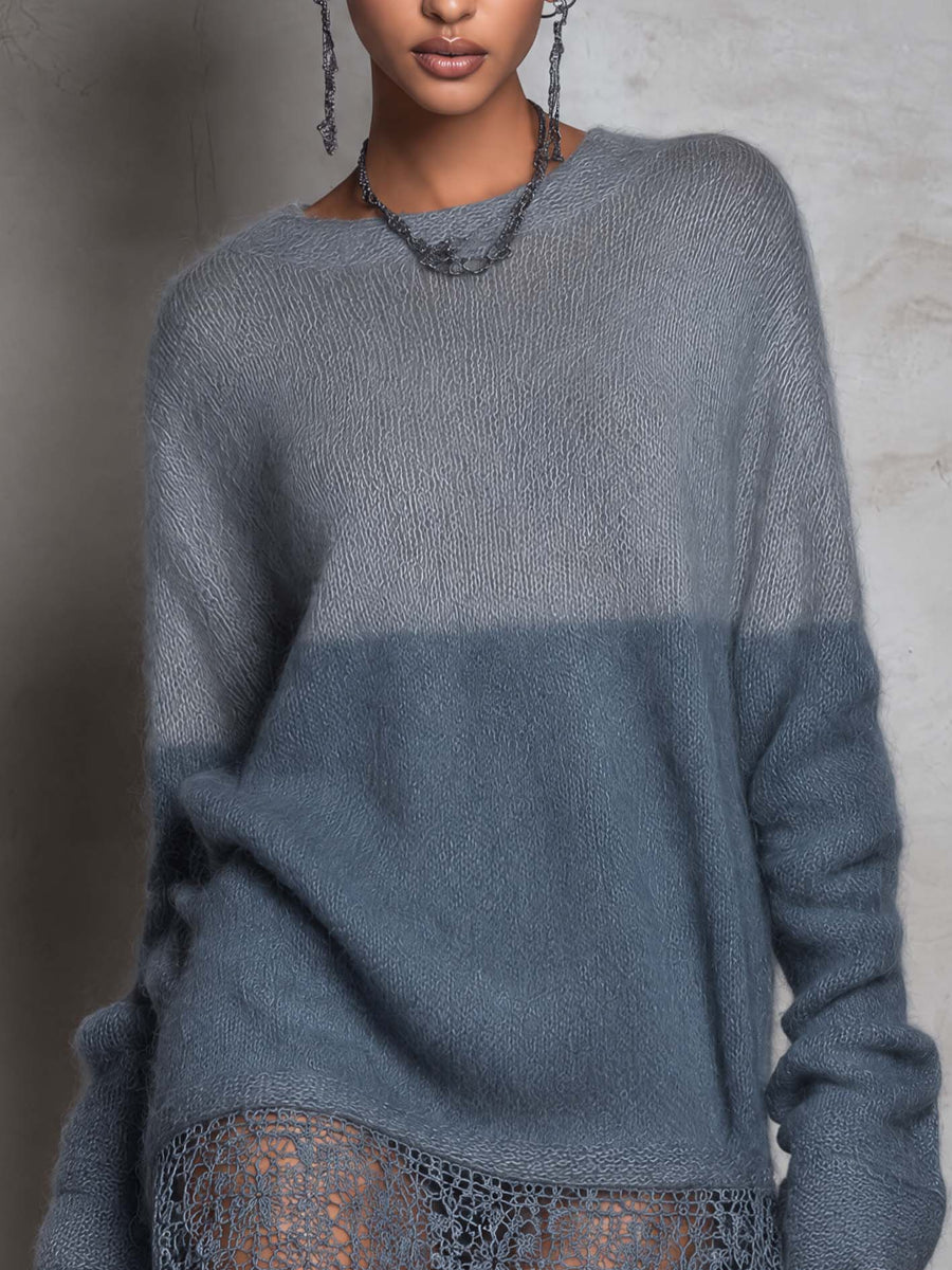 Grey And Slate Blue Colour Block Mohair Knit Mini Dress With Crochet Lace Hem