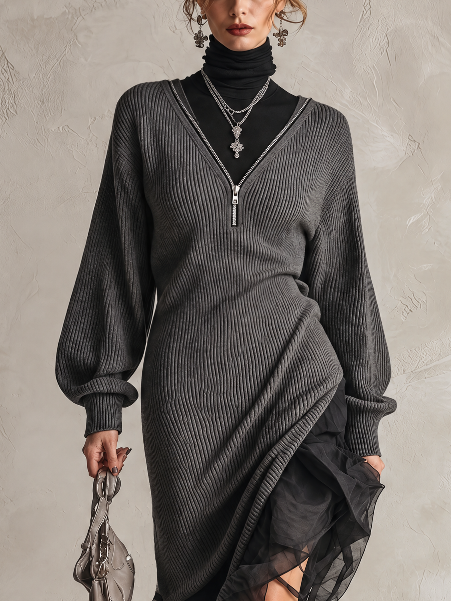 Grey Ribbed Knit Midi Dress With Tulle Asymmetric Hem And Faux Two-Piece Zipper Neck
