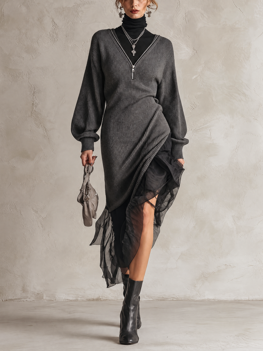 Grey Ribbed Knit Midi Dress With Tulle Asymmetric Hem And Faux Two-Piece Zipper Neck
