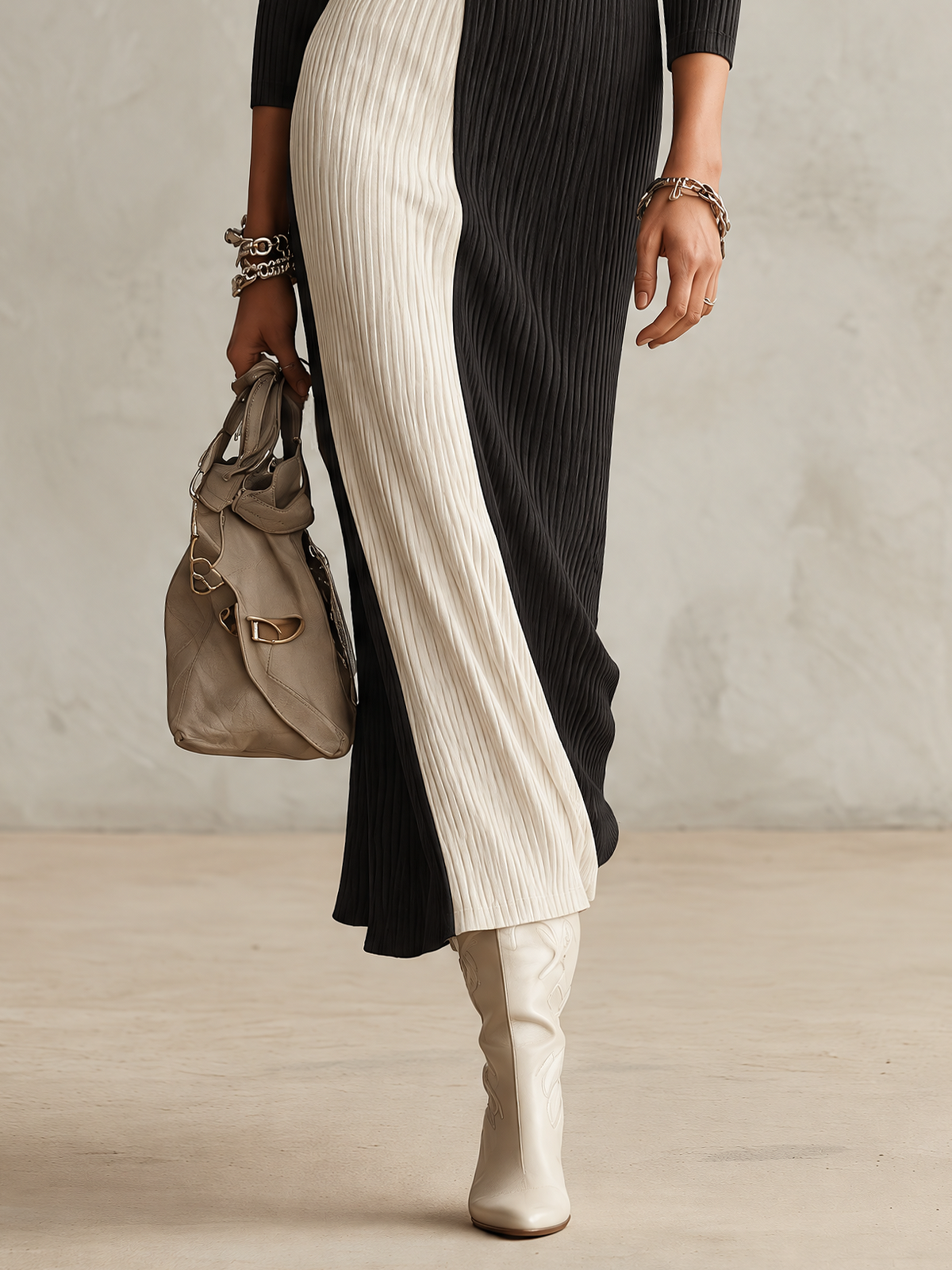 Black And White Colour Block Ribbed Knit Maxi Dress