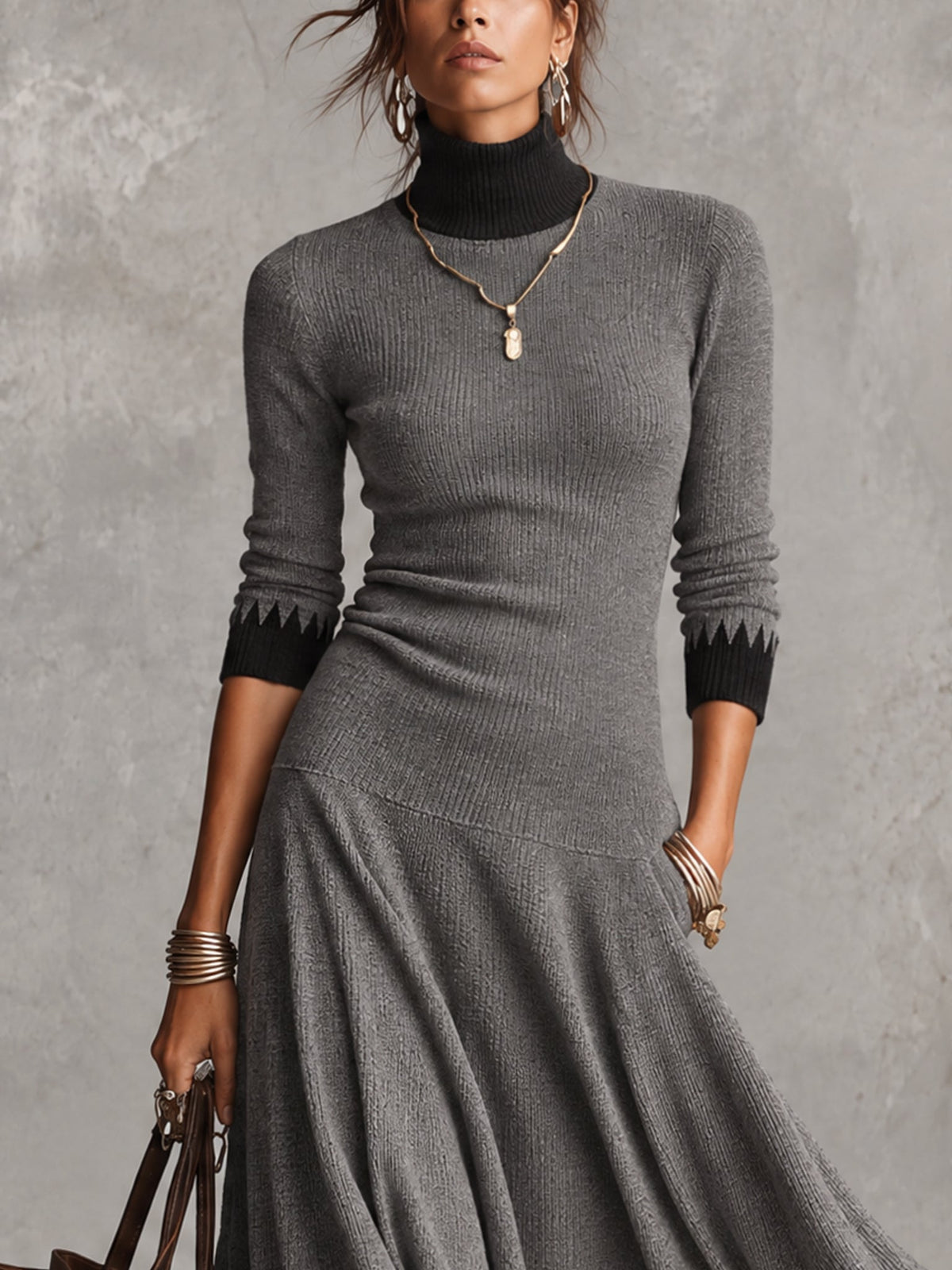 Grey And Black Colourblock Zigzag Trim Turtleneck Knit Maxi Dress
