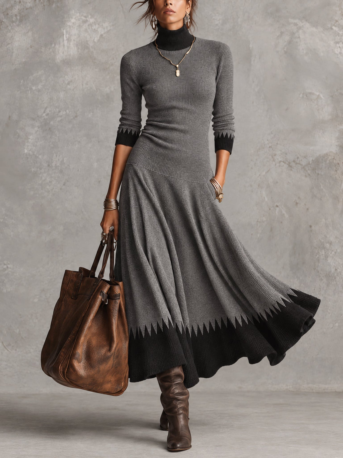 Grey And Black Colourblock Zigzag Trim Turtleneck Knit Maxi Dress