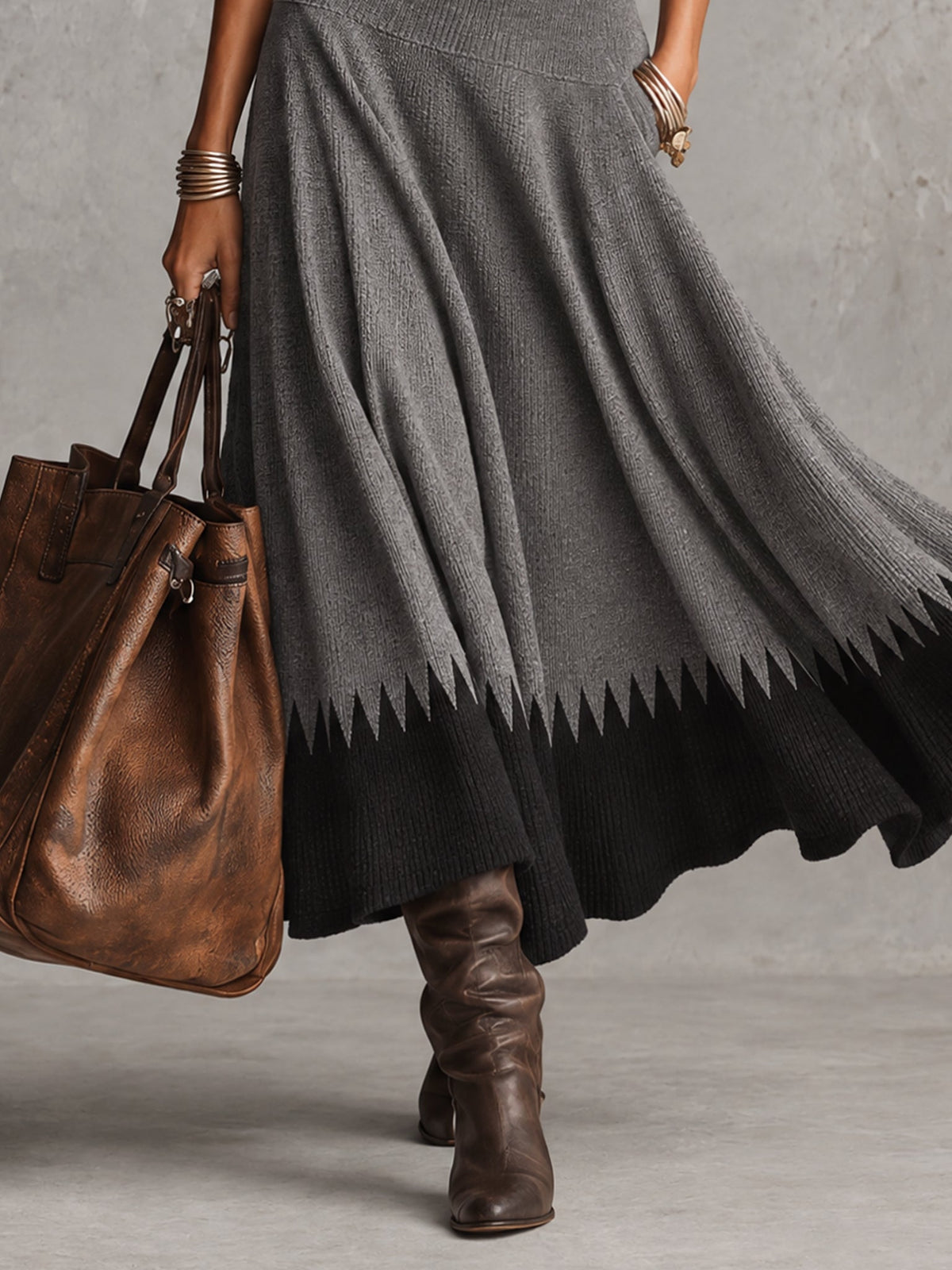 Grey And Black Colourblock Zigzag Trim Turtleneck Knit Maxi Dress