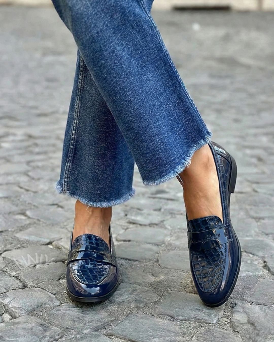Mocassini penny effetto coccodrillo eleganti Blu Navy in pelle PU verniciata