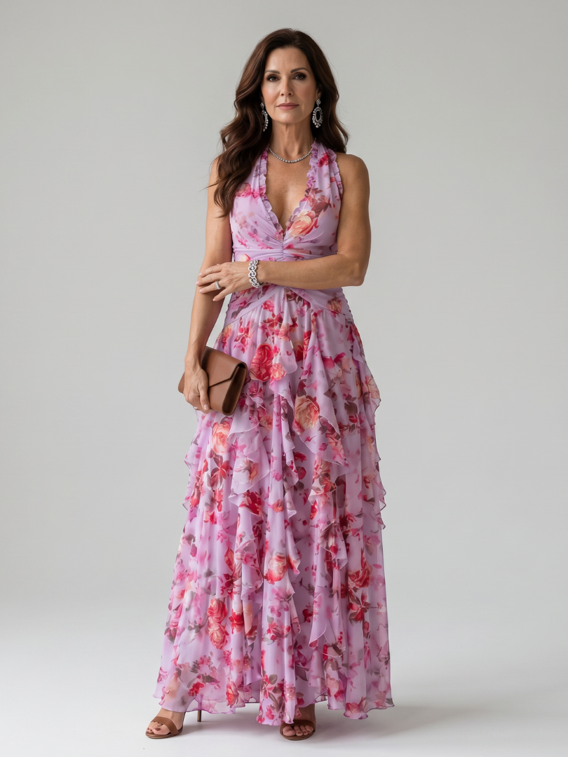 Nori | Abito Maxi Floreale con Corpino Arricciato e Scollo Halter