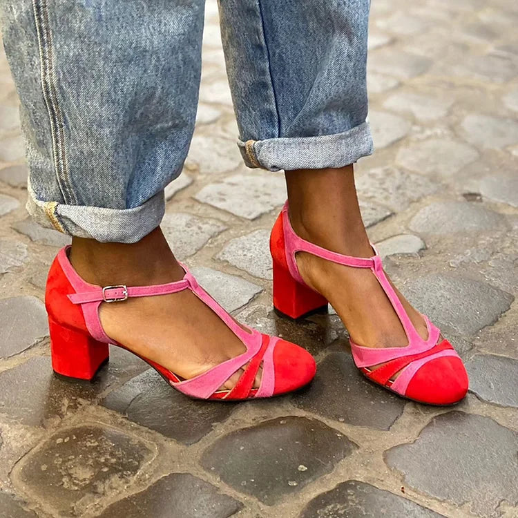 Tacchi larghi cut-out color block Fucsia con fibbia e cinturino a T
