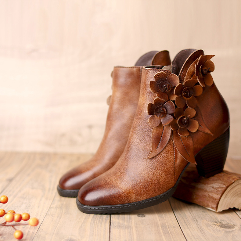 Juliette - Retro Handmade Floral Leather Solid Colour Ankle Boots