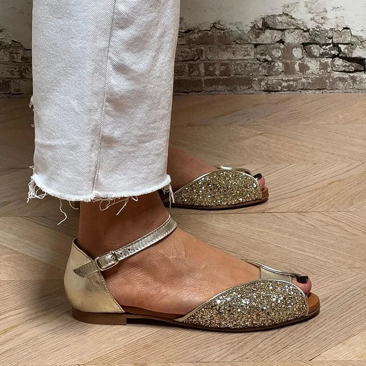 Sandali peep toe glitter patchwork Oro con cinturino alla caviglia e fibbia