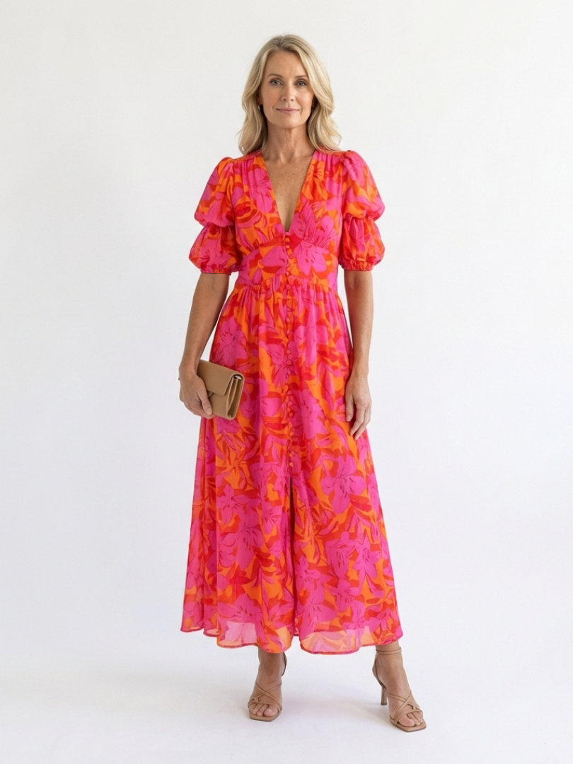 Willow | Abito Midi a V Fiori con Maniche a Palloncino