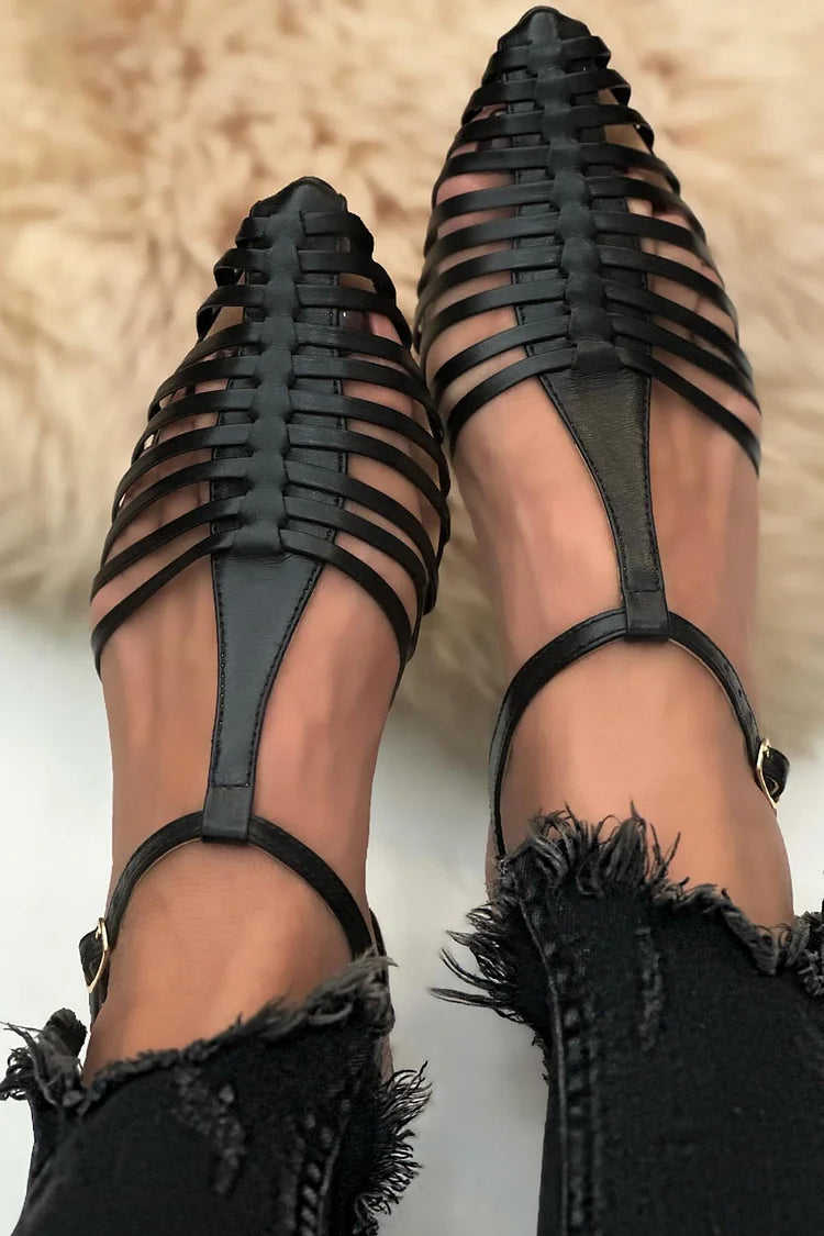 Sandali cut-out essenziali casual Nero a punta con cinturino a T