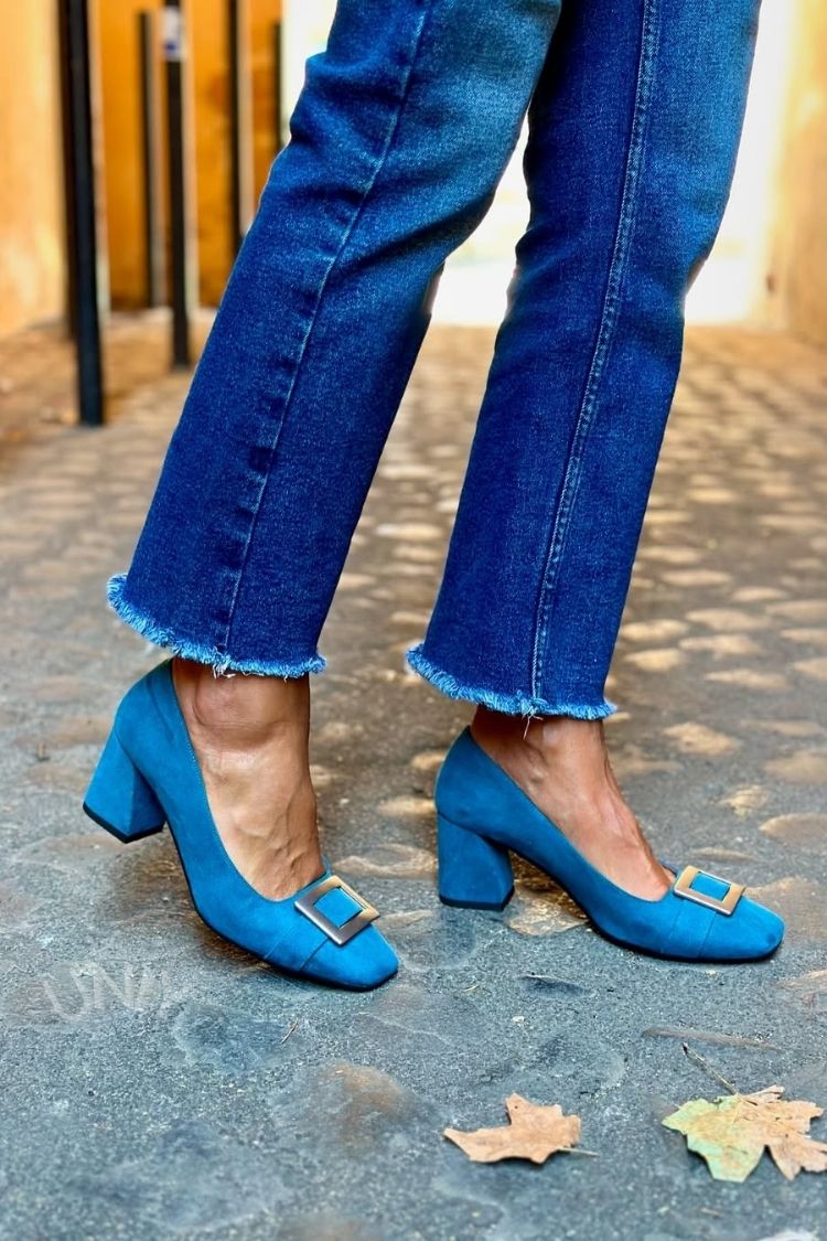 Tacchi larghi patchwork Blu Navy a punta quadrata