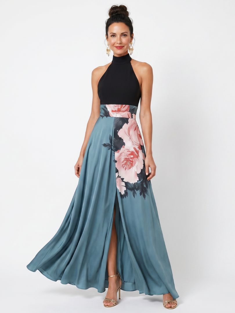 Olympas | Abito Maxi con Corpetto a Halter e Gonna Floreale