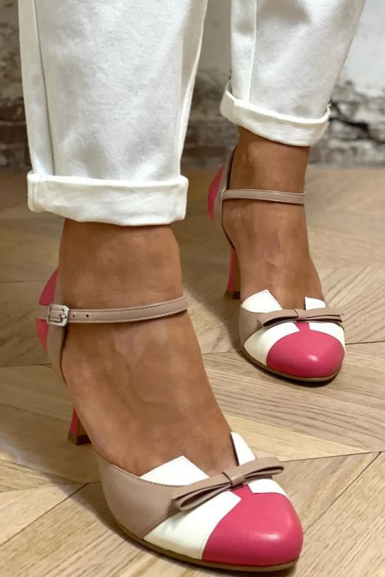 Tacchi a spillo color block patchwork Fucsia a punta tonda con fiocco