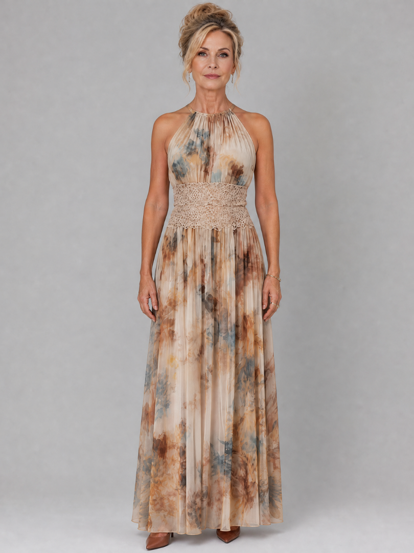 Elavenue | Abito Maxi con Scollo Halter e Vita in Pizzo