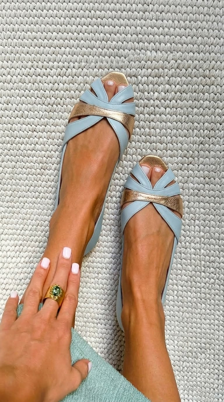 Ballerine peep toe metallizzate e Blu e Oro a incastro