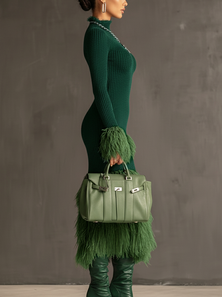 Emerald Knit Patchwork Eco Faux Fur Long Sleeve Bodycon Dress