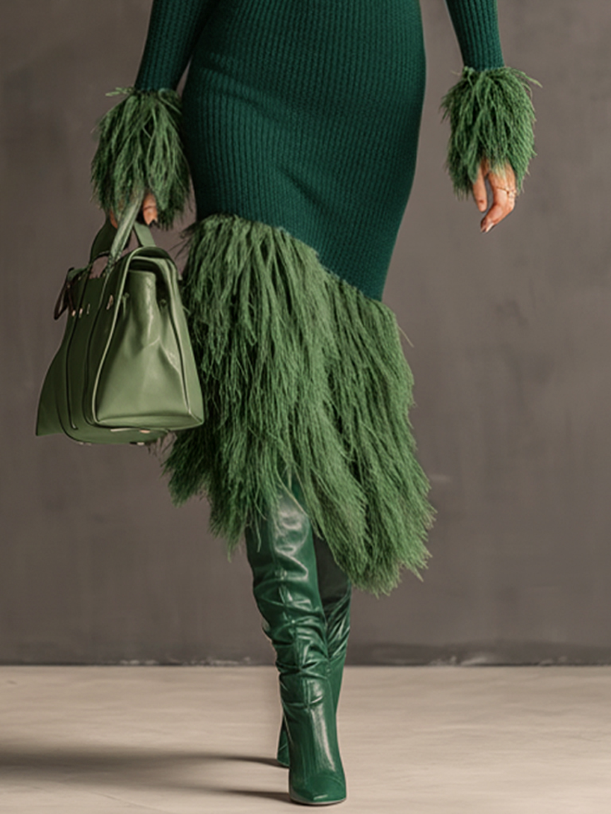 Emerald Knit Patchwork Eco Faux Fur Long Sleeve Bodycon Dress
