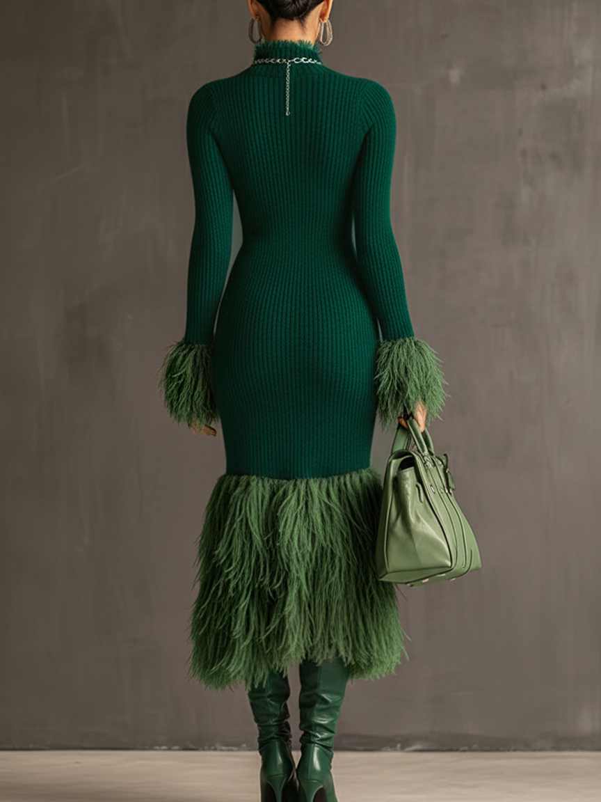 Emerald Knit Patchwork Eco Faux Fur Long Sleeve Bodycon Dress