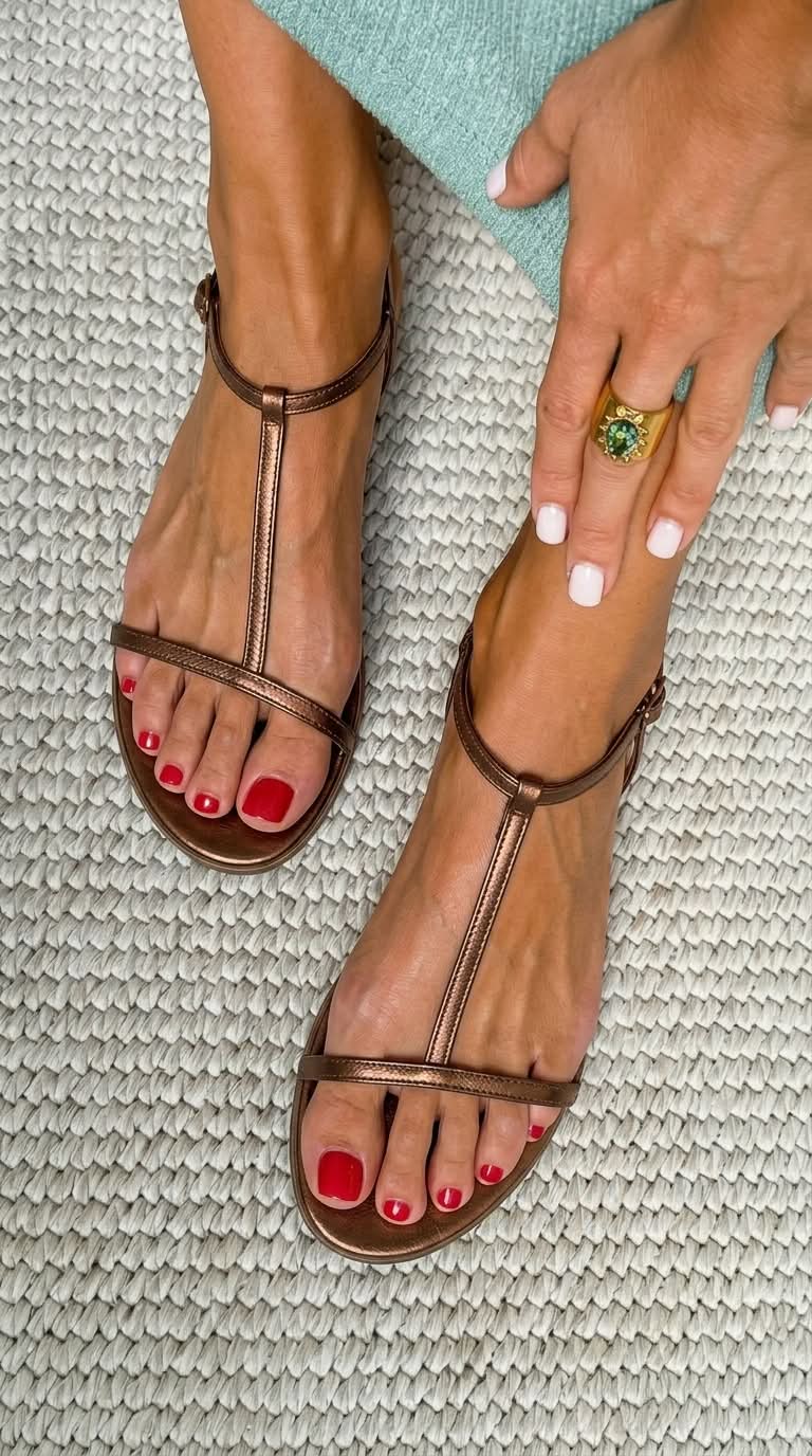 Sandali metallizzati estivi bassi con cinturino a T