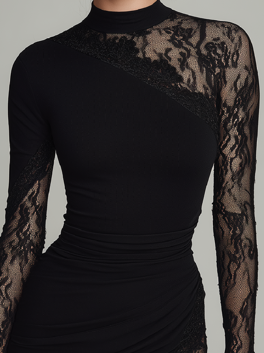 Black Turtleneck Lace Asymmetrical Tulle Long Sleeve Mini Dress