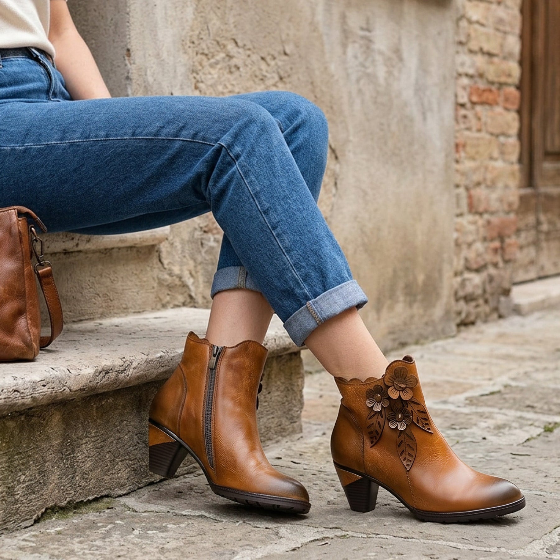 Juliette - Retro Handmade Floral Leather Solid Colour Ankle Boots