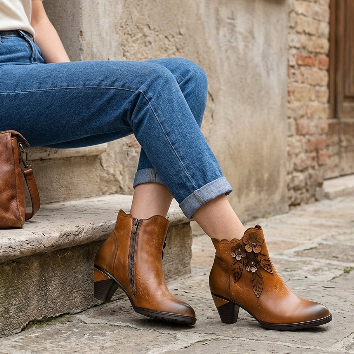 Juliette - Retro Handmade Floral Leather Solid Colour Ankle Boots