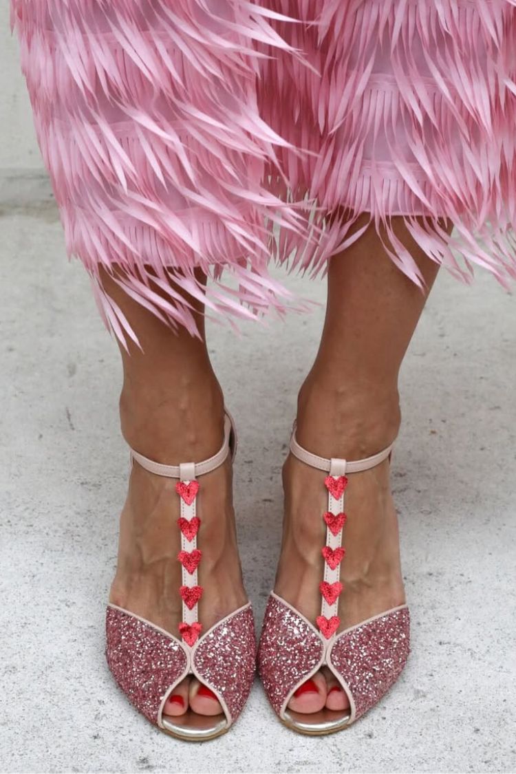 Sandali glitter Rosa e Rosso con cinturino a T, cuore e tacco a blocco