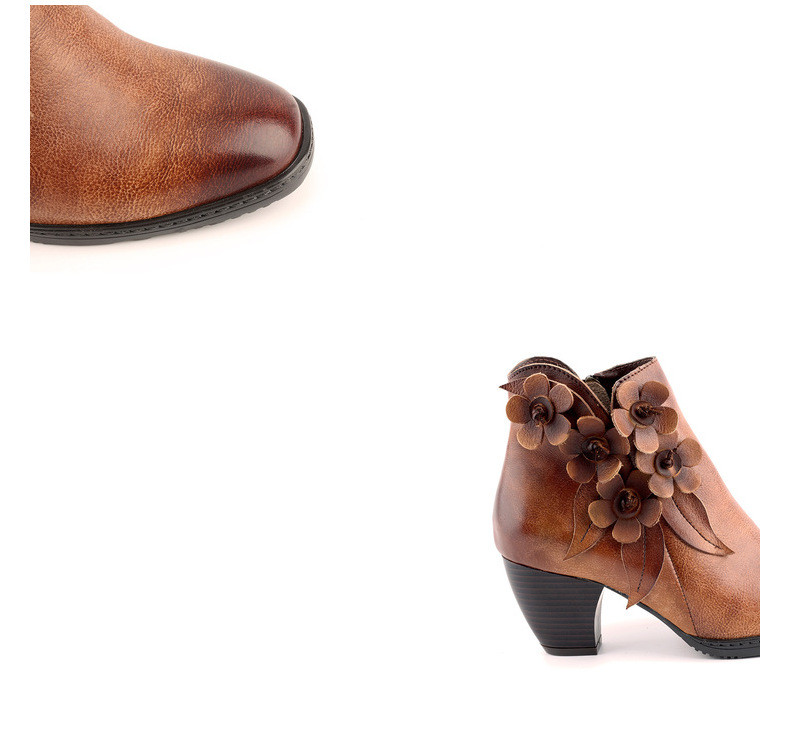 Juliette - Retro Handmade Floral Leather Solid Colour Ankle Boots
