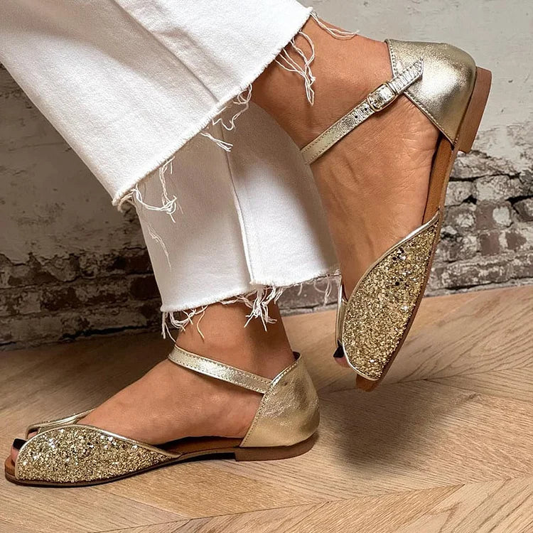 Sandali peep toe glitter patchwork Oro con cinturino alla caviglia e fibbia