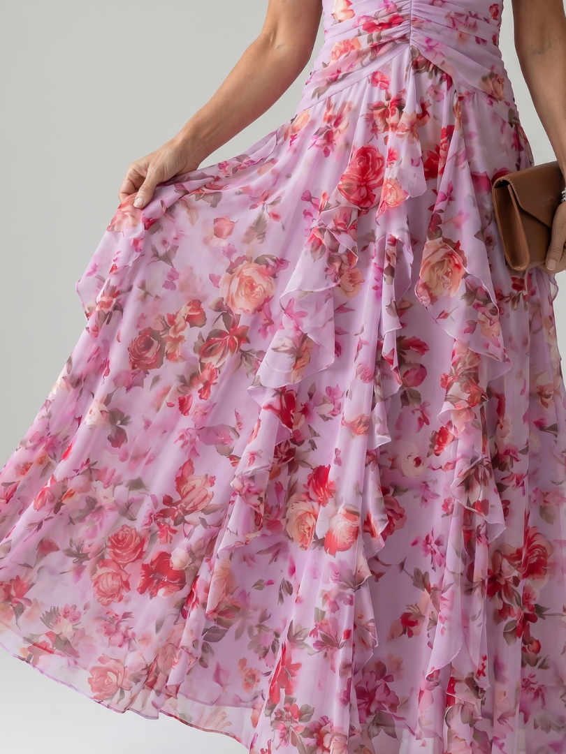 Nori | Abito Maxi Floreale con Corpino Arricciato e Scollo Halter