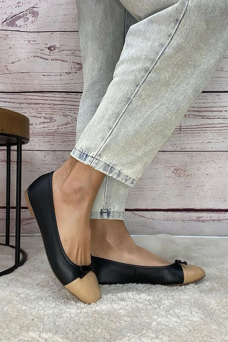 Ballerine color block Nero a punta tonda con fiocco