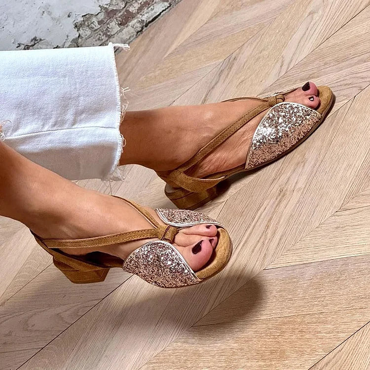 Sandali glitter patchwork bassi Marrone