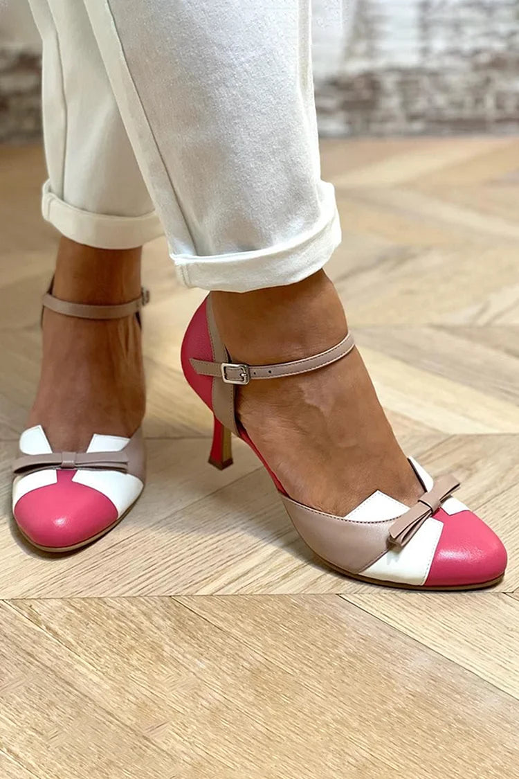 Tacchi a spillo color block patchwork Fucsia a punta tonda con fiocco