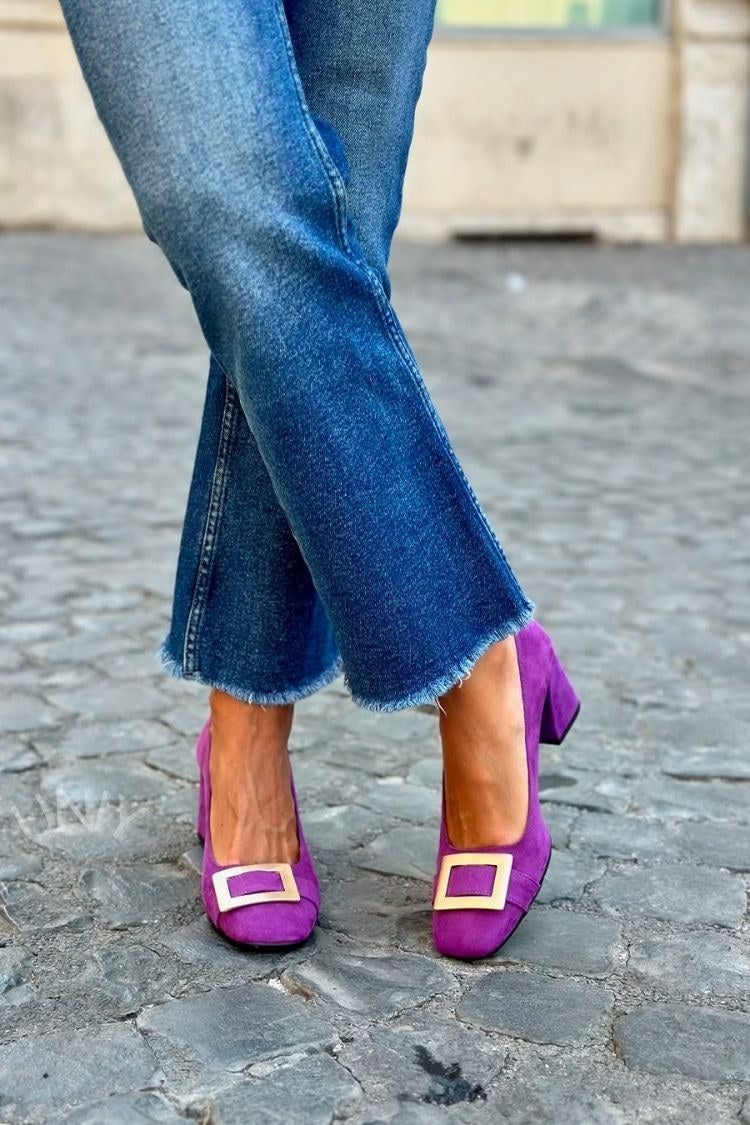 Tacchi larghi patchwork Blu Navy a punta quadrata