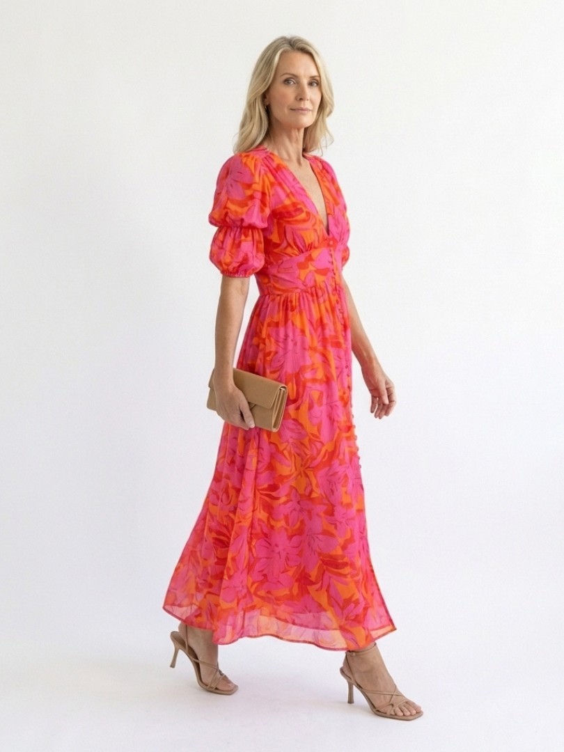 Willow | Abito Midi a V Fiori con Maniche a Palloncino