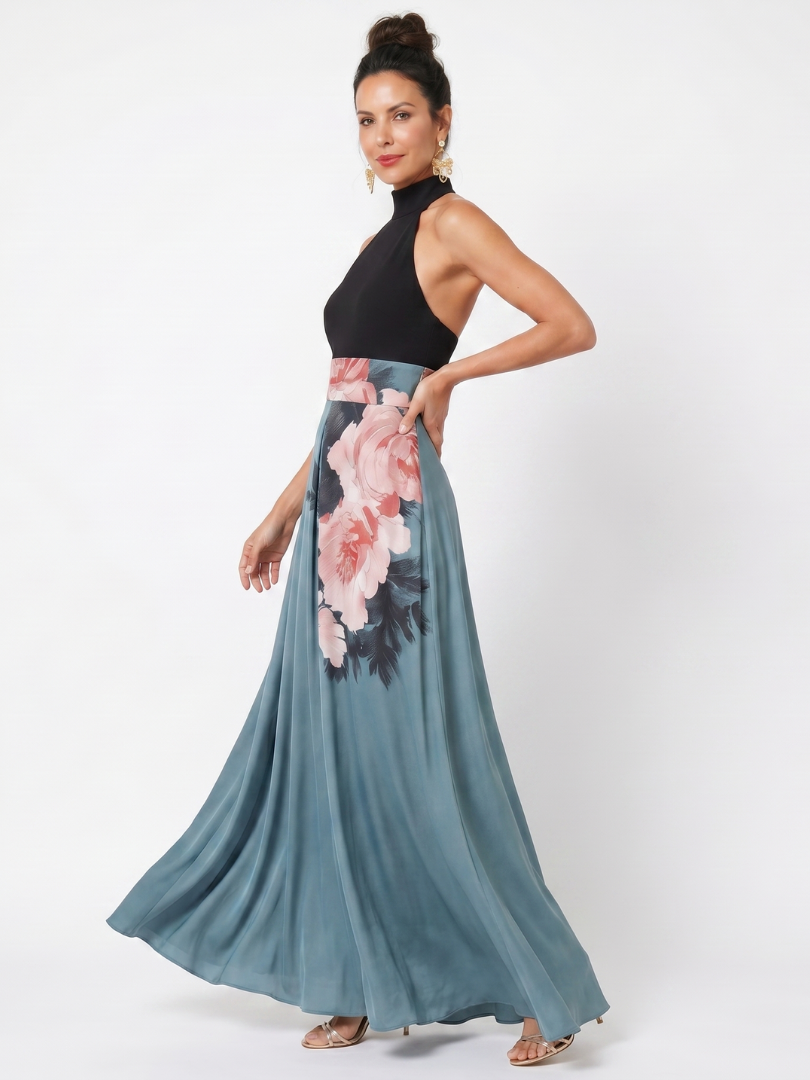 Olympas | Abito Maxi con Corpetto a Halter e Gonna Floreale