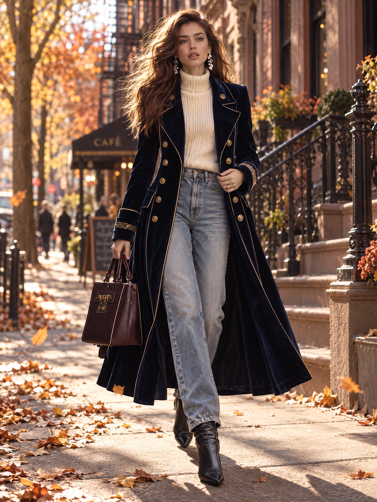 Cordelia | Long Velvet Double-Breasted Coat with Golden Trimmings, Navy Blue