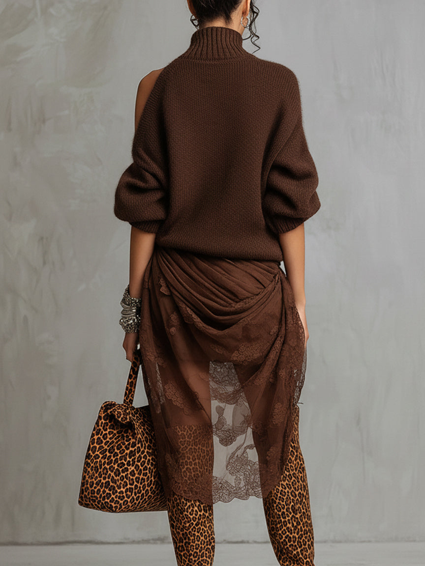 Chocolate Knit Off Shoulder Tulle Long Sleeve Midi Dress